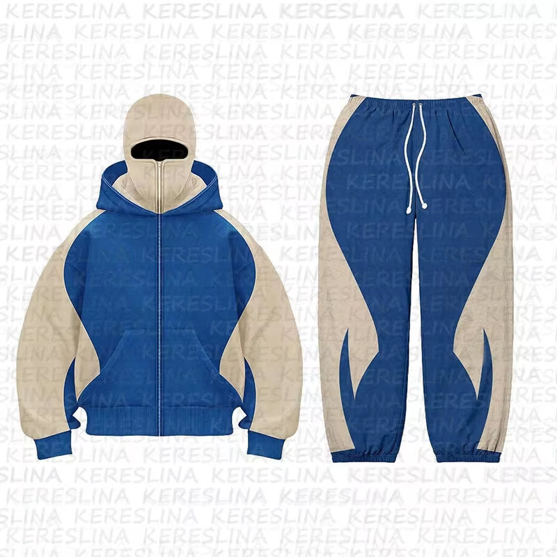 Cross Border American Fashion Brand Double Hat Design Solid Color Hooded Color Blocked Cardigan Autumn and Winter Loose Y2K Hood