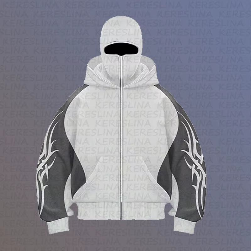 Cross Border New Product European and American High Street Color Blocked Double Hat Design Hooded Cardigan Autumn and Winter Loo