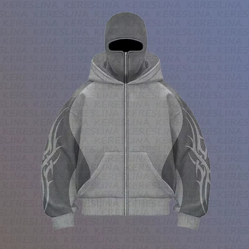 Cross Border New Product European and American High Street Color Blocked Double Hat Design Hooded Cardigan Autumn and Winter Loo