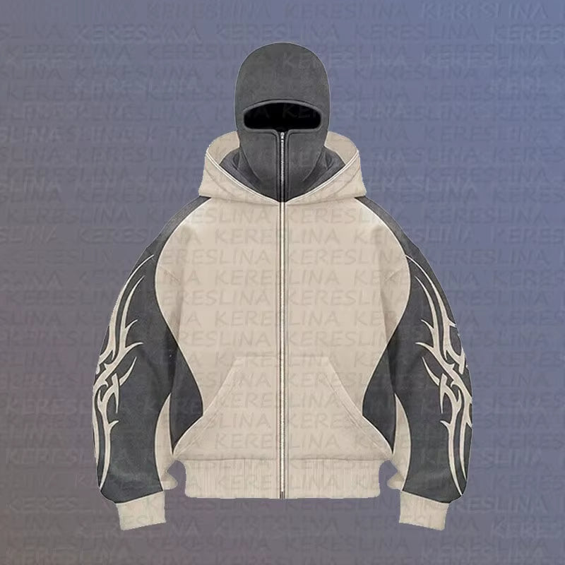 Cross Border New Product European and American High Street Color Blocked Double Hat Design Hooded Cardigan Autumn and Winter Loo
