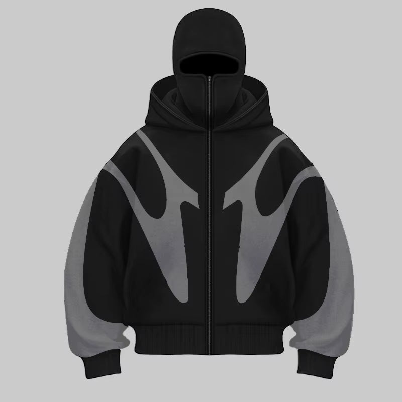Traf 2024 Autumn/Winter New Color Blocked Hip Hop Hoodie Warm and Windproof Ninja Mask Design Y2K Versatile Double Hat Hoodie