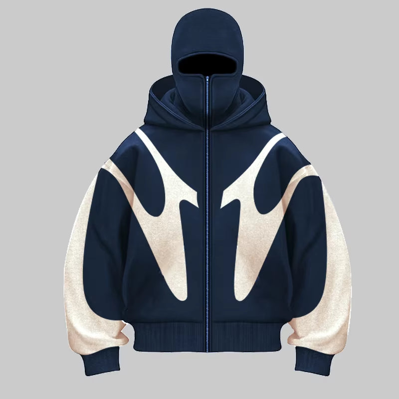 Traf 2024 Autumn/Winter New Color Blocked Hip Hop Hoodie Warm and Windproof Ninja Mask Design Y2K Versatile Double Hat Hoodie