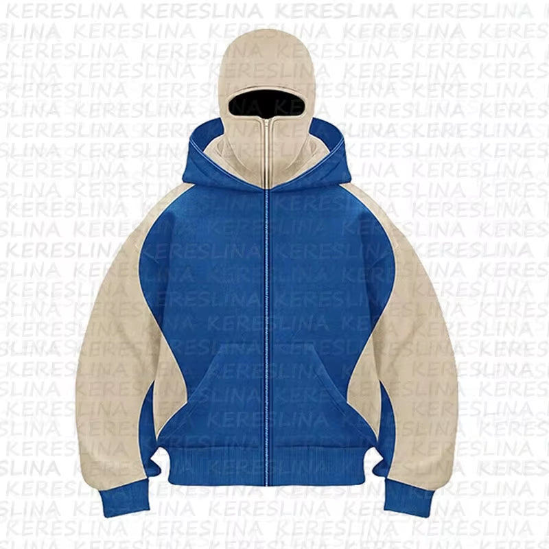 Cross Border American Fashion Brand Double Hat Design Solid Color Hooded Color Blocked Cardigan Autumn and Winter Loose Y2K Hood