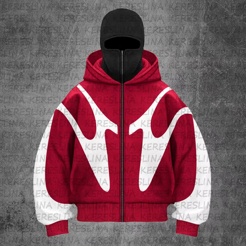 Traf 2024 Autumn/Winter New Color Blocked Hip Hop Hoodie Warm and Windproof Ninja Mask Design Y2K Versatile Double Hat Hoodie