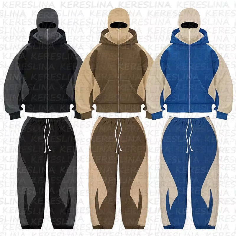 Cross Border American Fashion Brand Double Hat Design Solid Color Hooded Color Blocked Cardigan Autumn and Winter Loose Y2K Hood