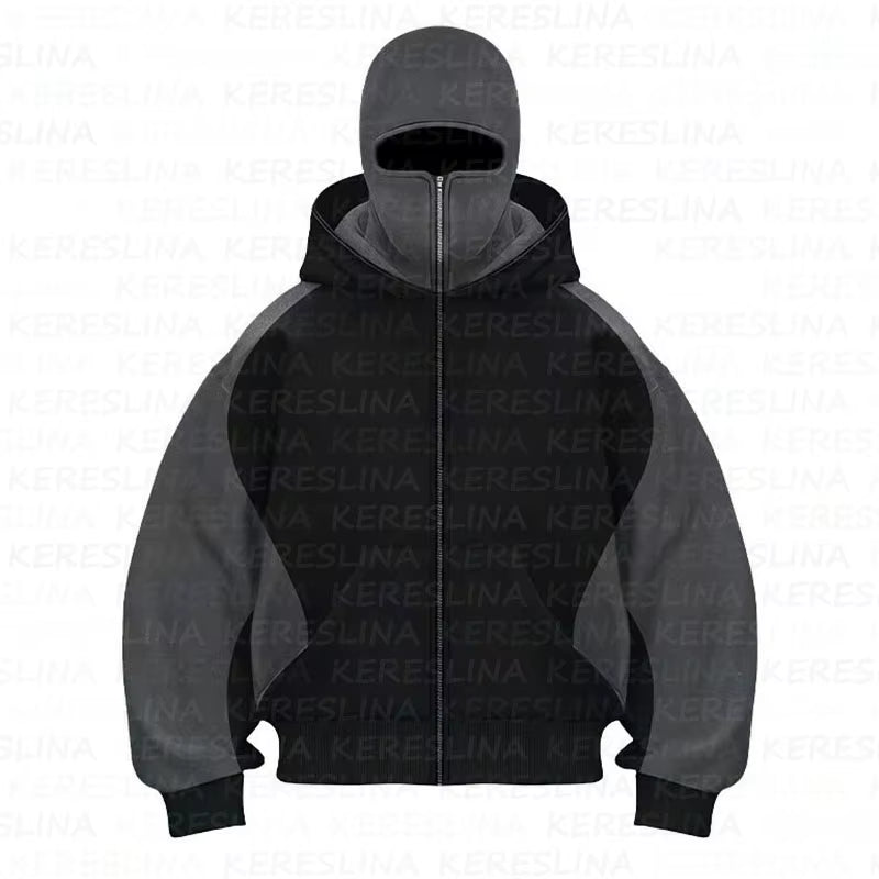 Cross Border American Fashion Brand Double Hat Design Solid Color Hooded Color Blocked Cardigan Autumn and Winter Loose Y2K Hood