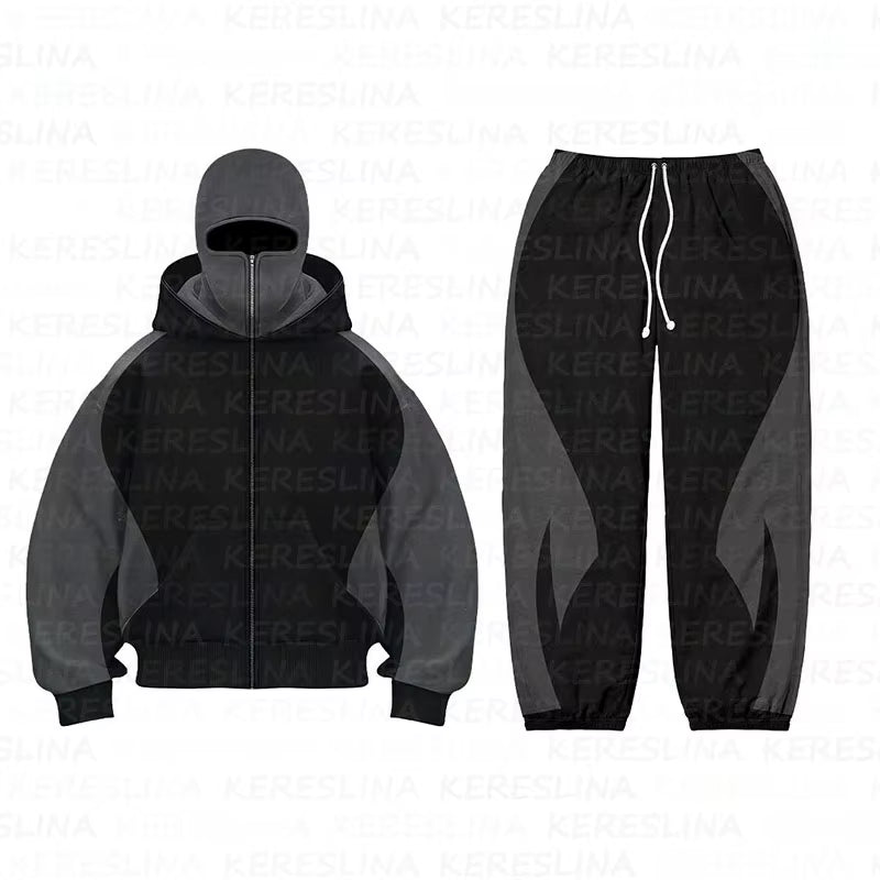 Cross Border American Fashion Brand Double Hat Design Solid Color Hooded Color Blocked Cardigan Autumn and Winter Loose Y2K Hood