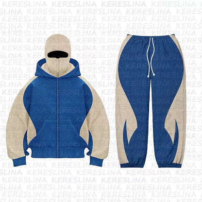 Cross Border American Fashion Brand Double Hat Design Solid Color Hooded Color Blocked Cardigan Autumn and Winter Loose Y2K Hood