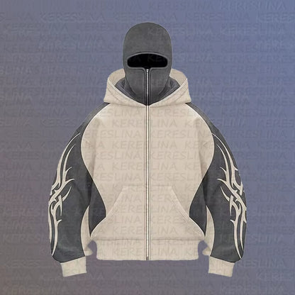 Cross Border New Product European and American High Street Color Blocked Double Hat Design Hooded Cardigan Autumn and Winter Loo