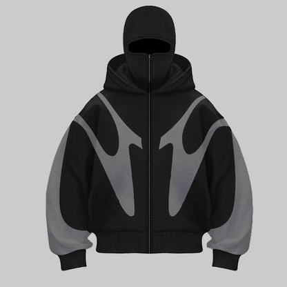 Traf 2024 Autumn/Winter New Color Blocked Hip Hop Hoodie Warm and Windproof Ninja Mask Design Y2K Versatile Double Hat Hoodie