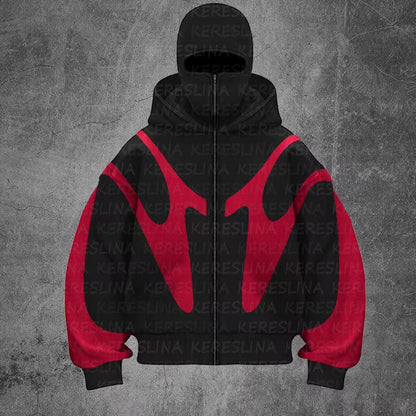 Traf 2024 Autumn/Winter New Color Blocked Hip Hop Hoodie Warm and Windproof Ninja Mask Design Y2K Versatile Double Hat Hoodie
