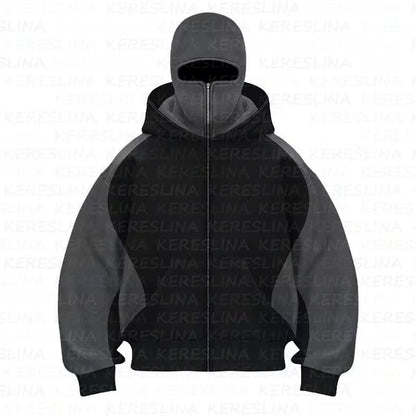 Cross Border American Fashion Brand Double Hat Design Solid Color Hooded Color Blocked Cardigan Autumn and Winter Loose Y2K Hood