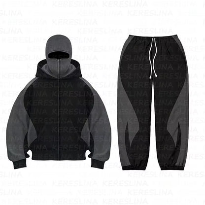 Cross Border American Fashion Brand Double Hat Design Solid Color Hooded Color Blocked Cardigan Autumn and Winter Loose Y2K Hood